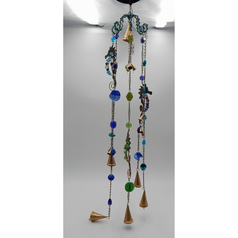 Pier 1 One Imports Jewel Tone Beaded Seahorse Windchime Gold Bells Made in India